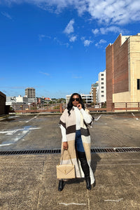 Rich Auntie Open Front Black Tan  and White Long Duster Cardigan