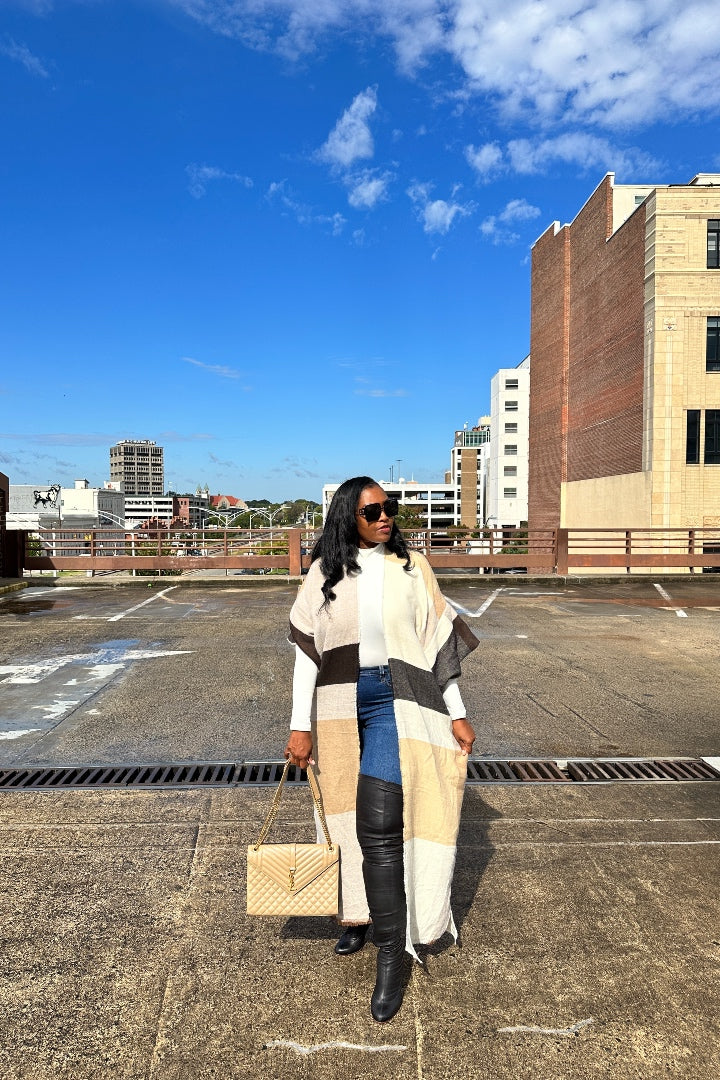 Rich Auntie Open Front Black Tan  and White Long Duster Cardigan