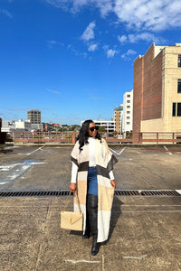 Rich Auntie Open Front Black Tan  and White Long Duster Cardigan
