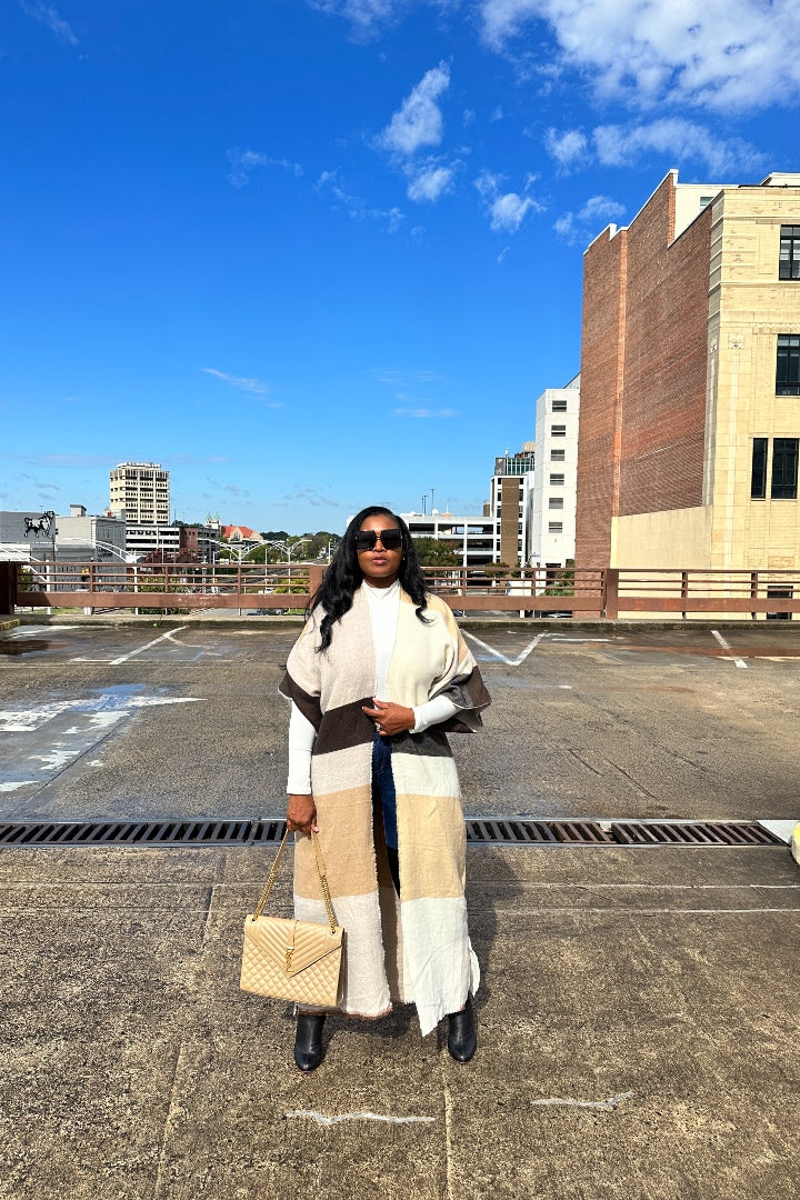 Rich Auntie Open Front Black Tan  and White Long Duster Cardigan