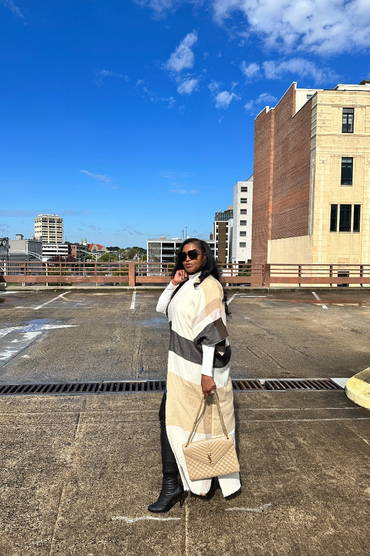 Rich Auntie Open Front Black Tan  and White Long Duster Cardigan