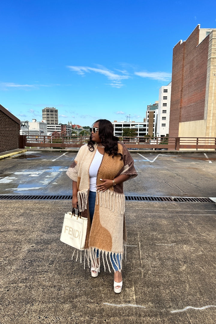 Rich Auntie Winter Open Front Long Kimono -Brown Tan Caramel Blend
