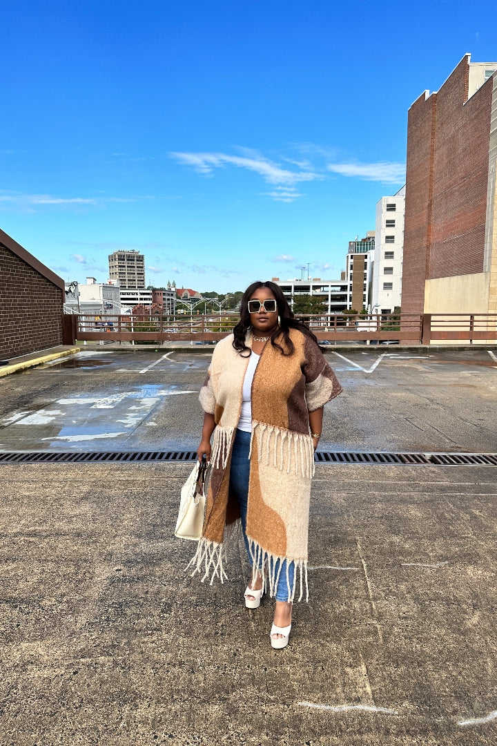 Rich Auntie Winter Open Front Long Kimono -Brown Tan Caramel Blend