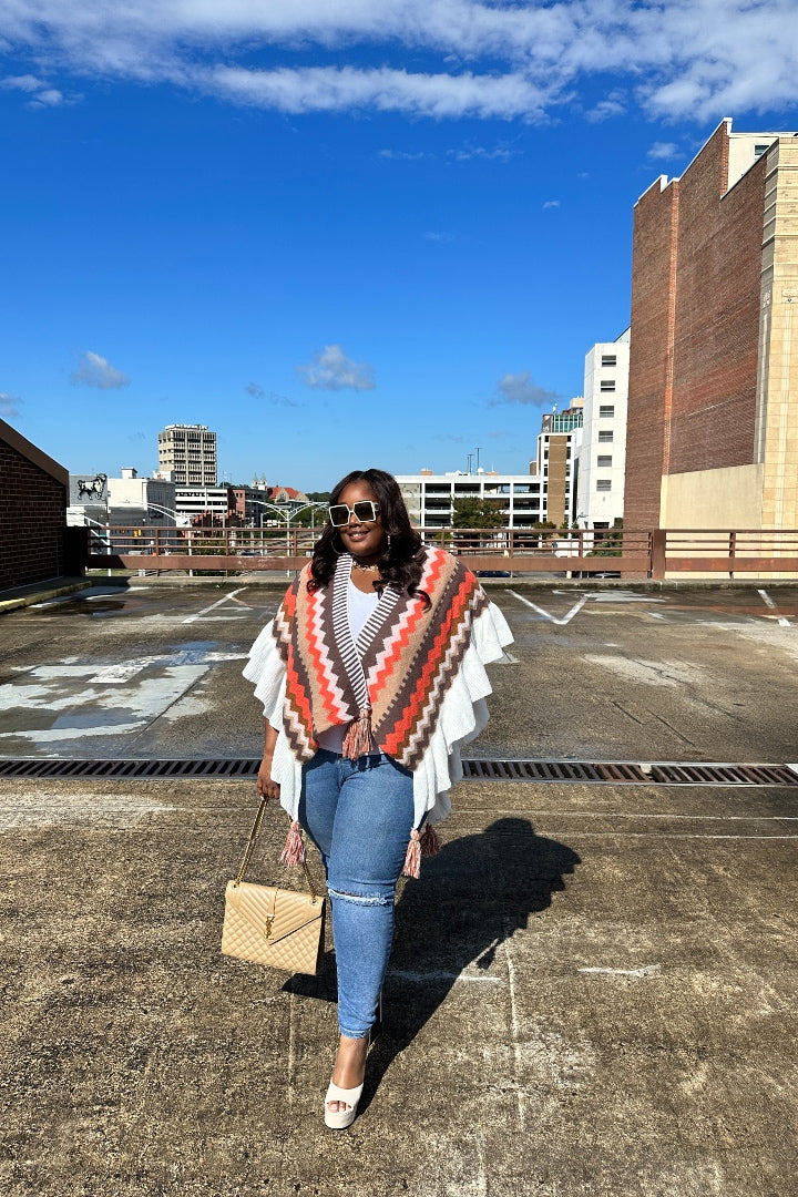 Rich Auntie Winter Chevron Ruffle Stripe Split Poncho - Chocolate Orange Cream Blend
