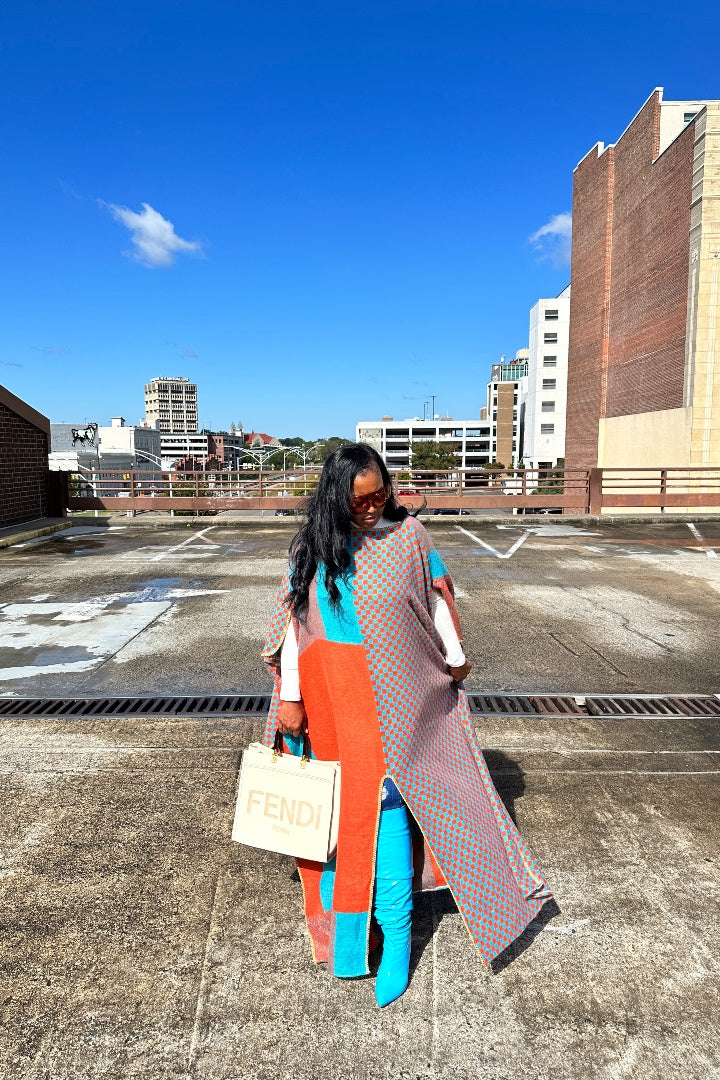 RESTOCKED Rich Auntie Winter Fashion Split Kimono - Rust Turquoise Blend Ships 12/15