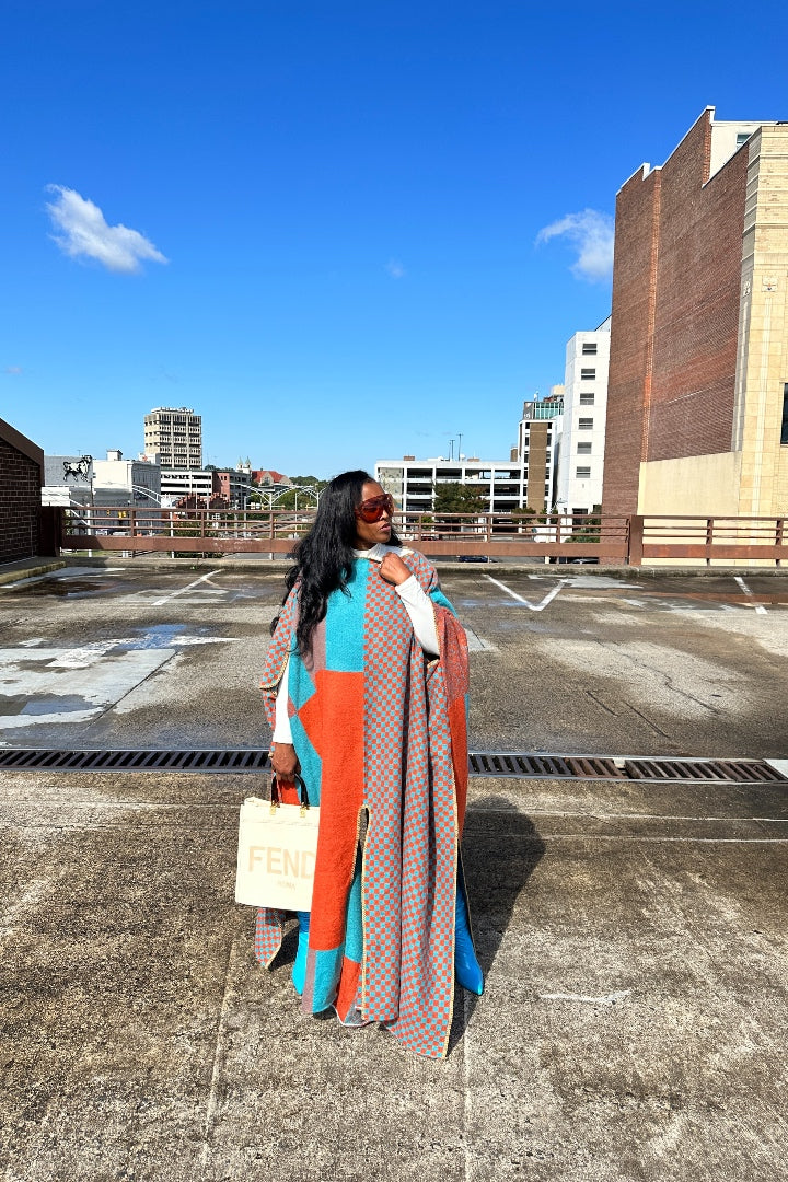 RESTOCKED Rich Auntie Winter Fashion Split Kimono - Rust Turquoise Blend Ships 1/17