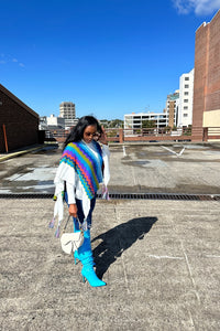 Rich Auntie Winter Chevron Ruffle Stripe Split Poncho - Turquoise Navy Green Blend