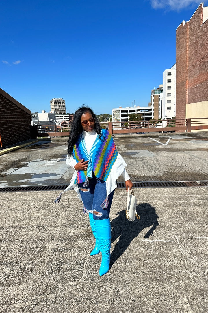 Rich Auntie Winter Chevron Ruffle Stripe Split Poncho - Turquoise Navy Green Blend