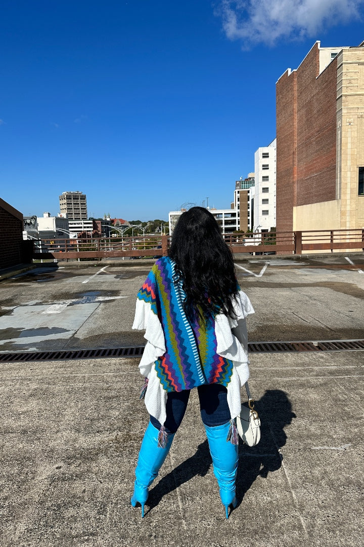 Rich Auntie Winter Chevron Ruffle Stripe Split Poncho - Turquoise Navy Green Blend