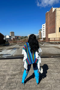 Rich Auntie Winter Chevron Ruffle Stripe Split Poncho - Turquoise Navy Green Blend