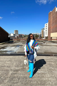 Rich Auntie Winter Chevron Ruffle Stripe Split Poncho - Turquoise Navy Green Blend