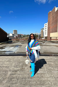 Rich Auntie Winter Chevron Ruffle Stripe Split Poncho - Turquoise Navy Green Blend
