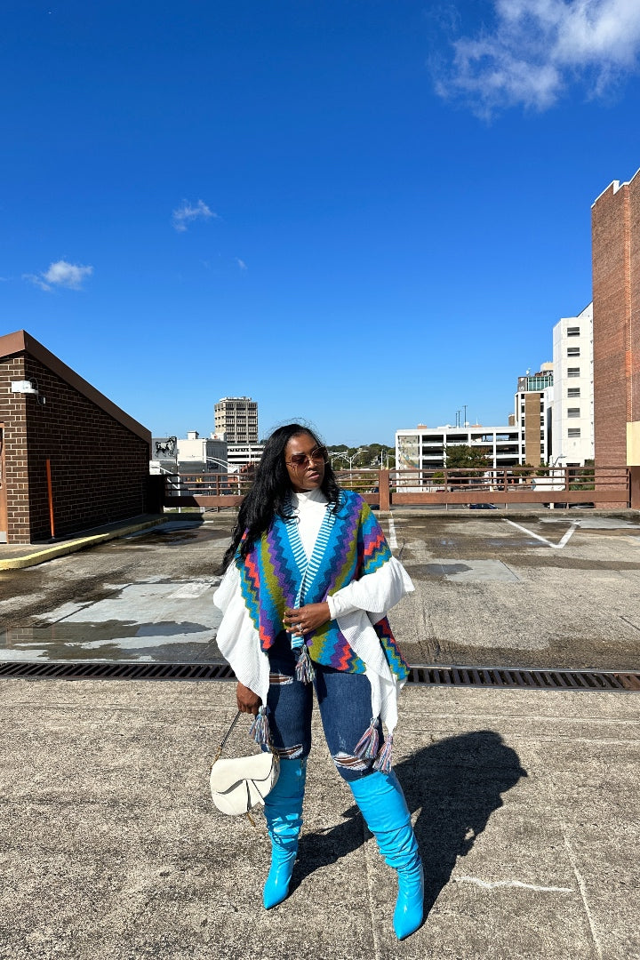 Rich Auntie Winter Chevron Ruffle Stripe Split Poncho - Turquoise Navy Green Blend