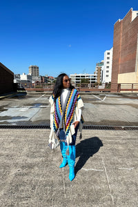Rich Auntie Winter Chevron Ruffle Stripe Split Poncho - Turquoise Navy Cream Blend