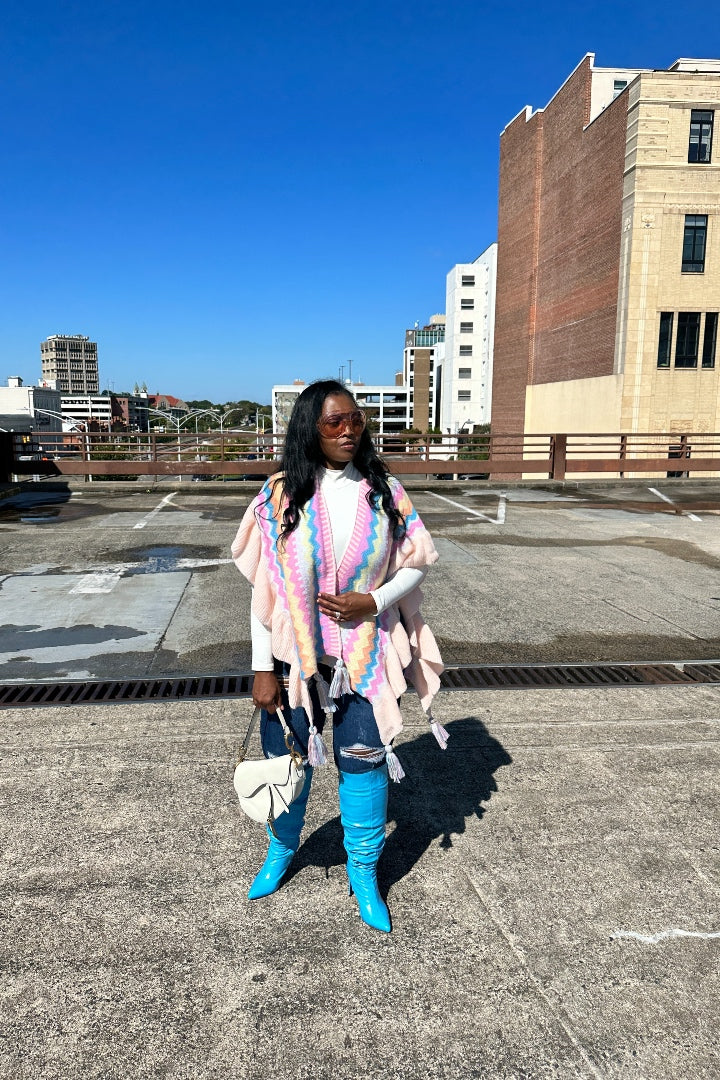 Rich Auntie Winter Chevron Ruffle Stripe Split Poncho - Pink Turquoise Cream Blend