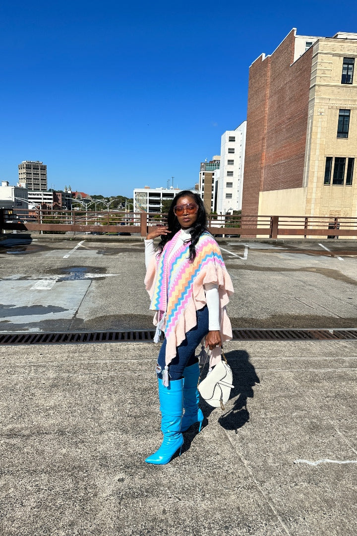 Rich Auntie Winter Chevron Ruffle Stripe Split Poncho - Pink Turquoise Cream Blend