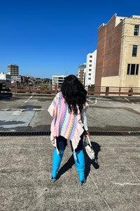 Rich Auntie Winter Chevron Ruffle Stripe Split Poncho - Pink Turquoise Cream Blend