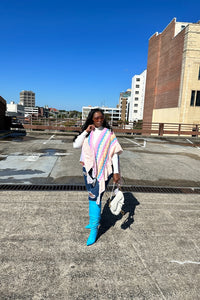 Rich Auntie Winter Chevron Ruffle Stripe Split Poncho - Pink Turquoise Cream Blend