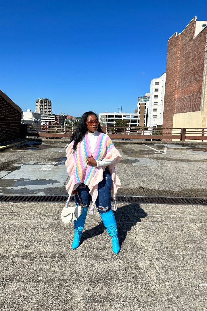 Rich Auntie Winter Chevron Ruffle Stripe Split Poncho - Pink Turquoise Cream Blend