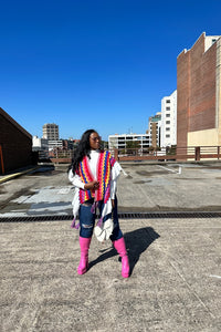 Rich Auntie Winter Chevron Ruffle Stripe Split Poncho - Hot Pink Red Cream Blend