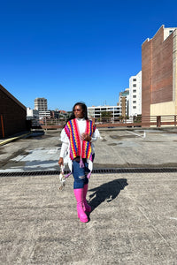 Rich Auntie Winter Chevron Ruffle Stripe Split Poncho - Hot Pink Red Cream Blend