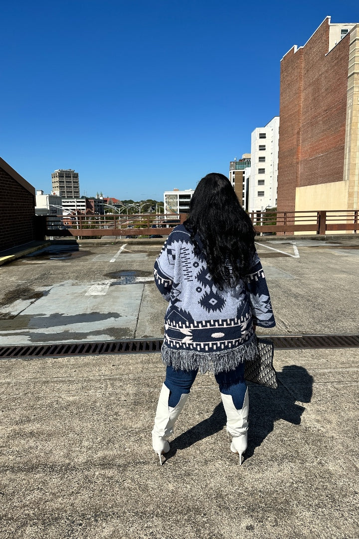 Winter Aztec Cardigan Fringe Sweater - Cream Navy Blend