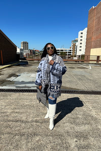 Winter Aztec Cardigan Fringe Sweater - Cream Navy Blend