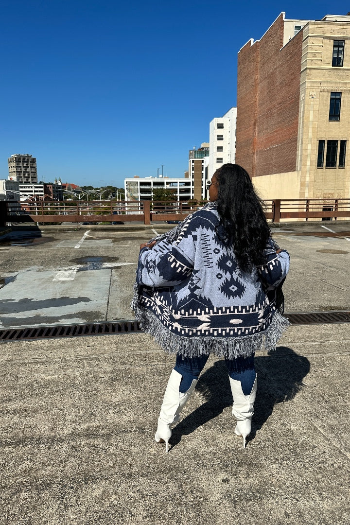 Winter Aztec Cardigan Fringe Sweater - Cream Navy Blend