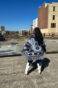 Winter Aztec Cardigan Fringe Sweater - Cream Navy Blend