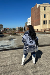 Winter Aztec Cardigan Fringe Sweater - Cream Navy Blend