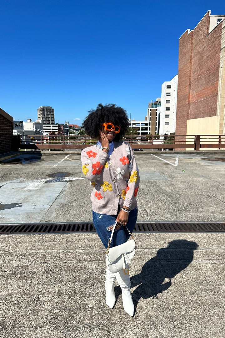 Fashion Floral Sweater Button up Cardigan - Grey Blend