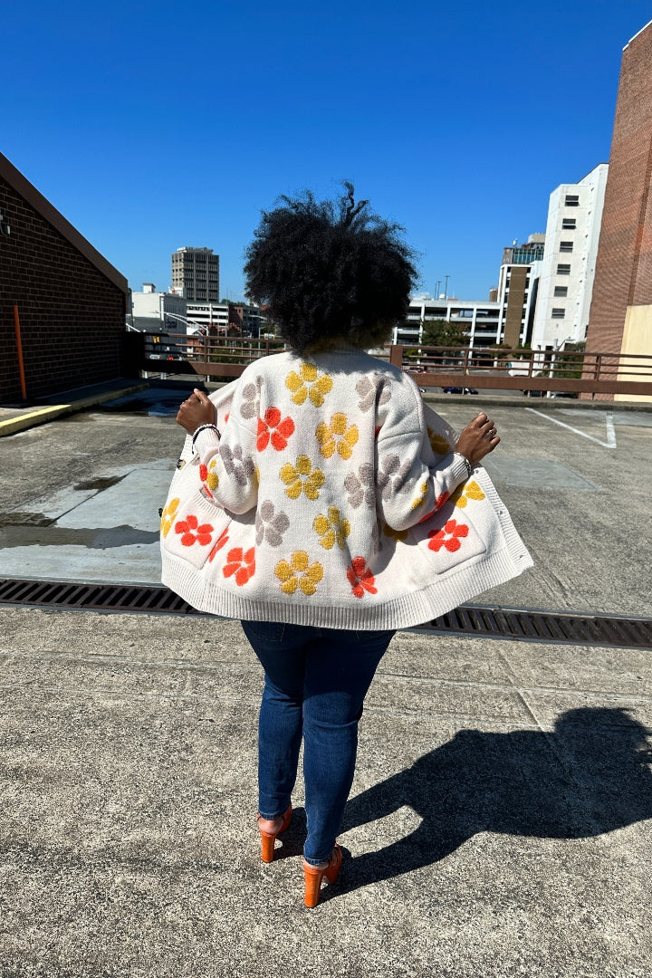 Fashion Floral Sweater Button up Cardigan - Ivory Blend