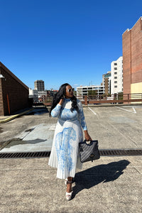 Classy and Fabulous  2 pc long sleeve pleated A line skirt set - Cream and Navy Blend