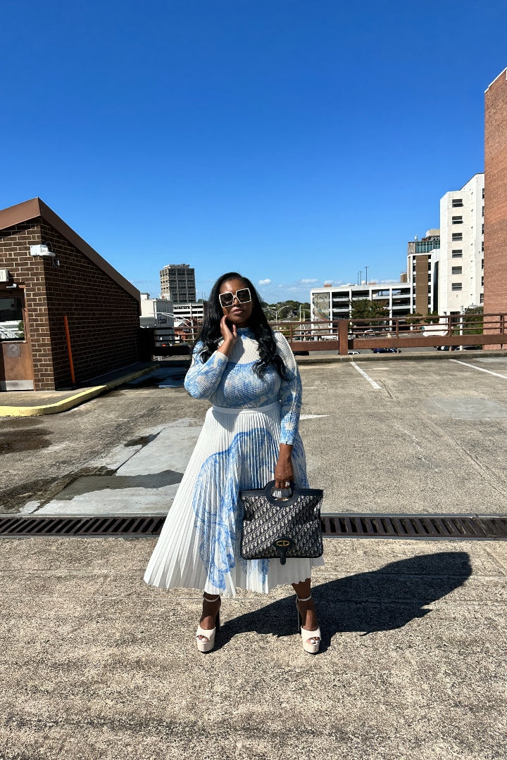 Classy and Fabulous  2 pc long sleeve pleated A line skirt set - Cream and Navy Blend