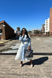 Classy and Fabulous  2 pc long sleeve pleated A line skirt set - Cream and Navy Blend
