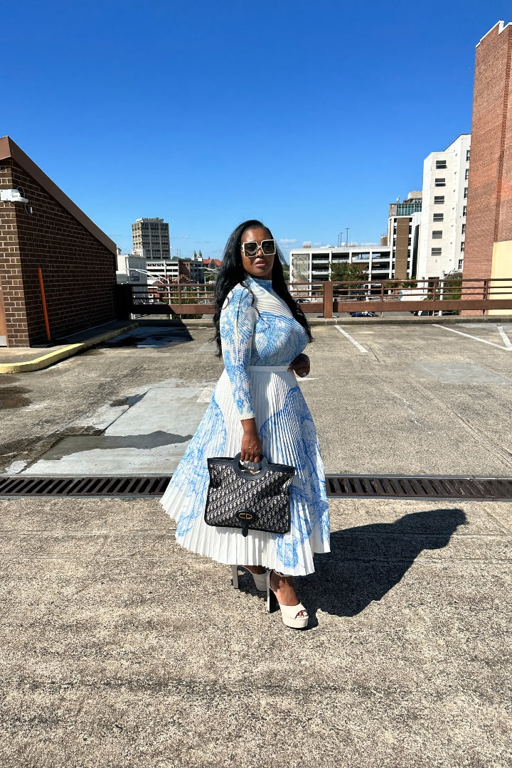Classy and Fabulous  2 pc long sleeve pleated A line skirt set - Cream and Navy Blend