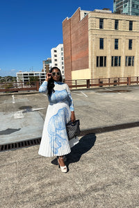 Classy and Fabulous  2 pc long sleeve pleated A line skirt set - Cream and Navy Blend