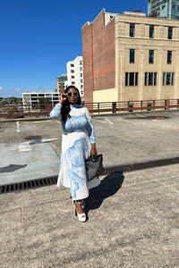 Classy and Fabulous  2 pc long sleeve pleated A line skirt set - Cream and Navy Blend