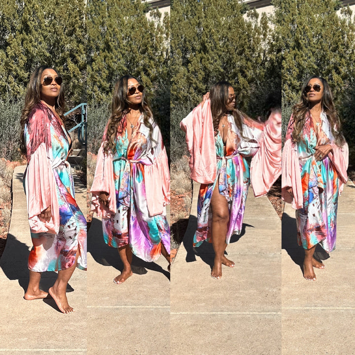 Fiji Satin Fiji Satin Open Front Kimono Long Kimono with matching scarf - Blush Pink and Aqua Blend Ships 3/`3