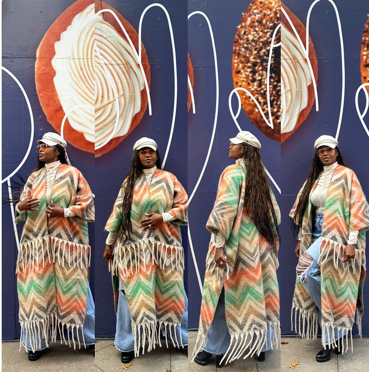 Winter Chevron Stripe Split Kimono Coat-Green Orange Tan Blend Ships 12/5