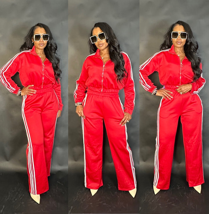 So Chic Lightweight Every Day Wide Legged Jogger Set - Red