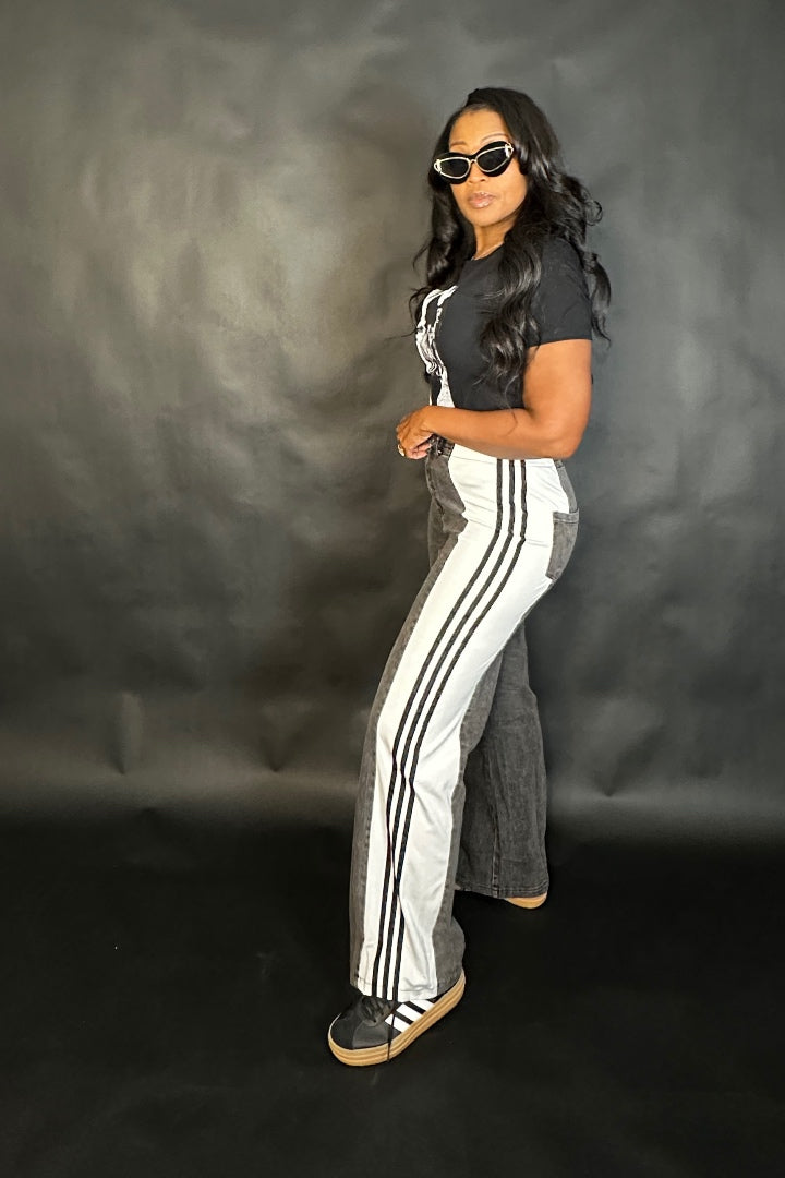 Black Denim High Waisted Jeans - White Stripe