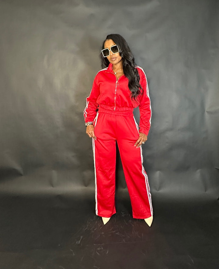 So Chic Lightweight Every Day Wide Legged Jogger Set - Red