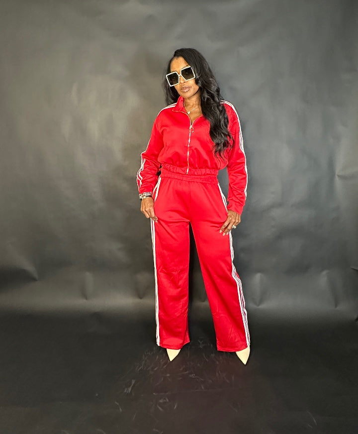 So Chic Lightweight Every Day Wide Legged Jogger Set - Red