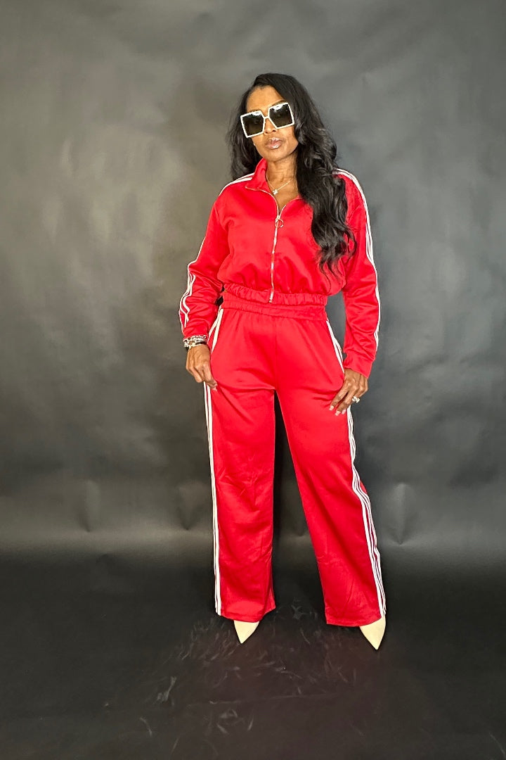 So Chic Lightweight Every Day Wide Legged Jogger Set - Red