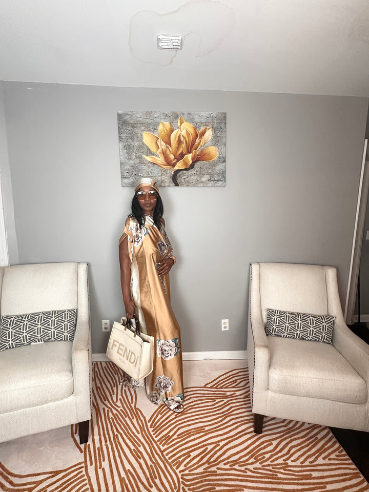 Vacation Vibes Kaftan Maxi Dress with Matching Scarf  -  Beige Cream blue Blend Ships 6/12