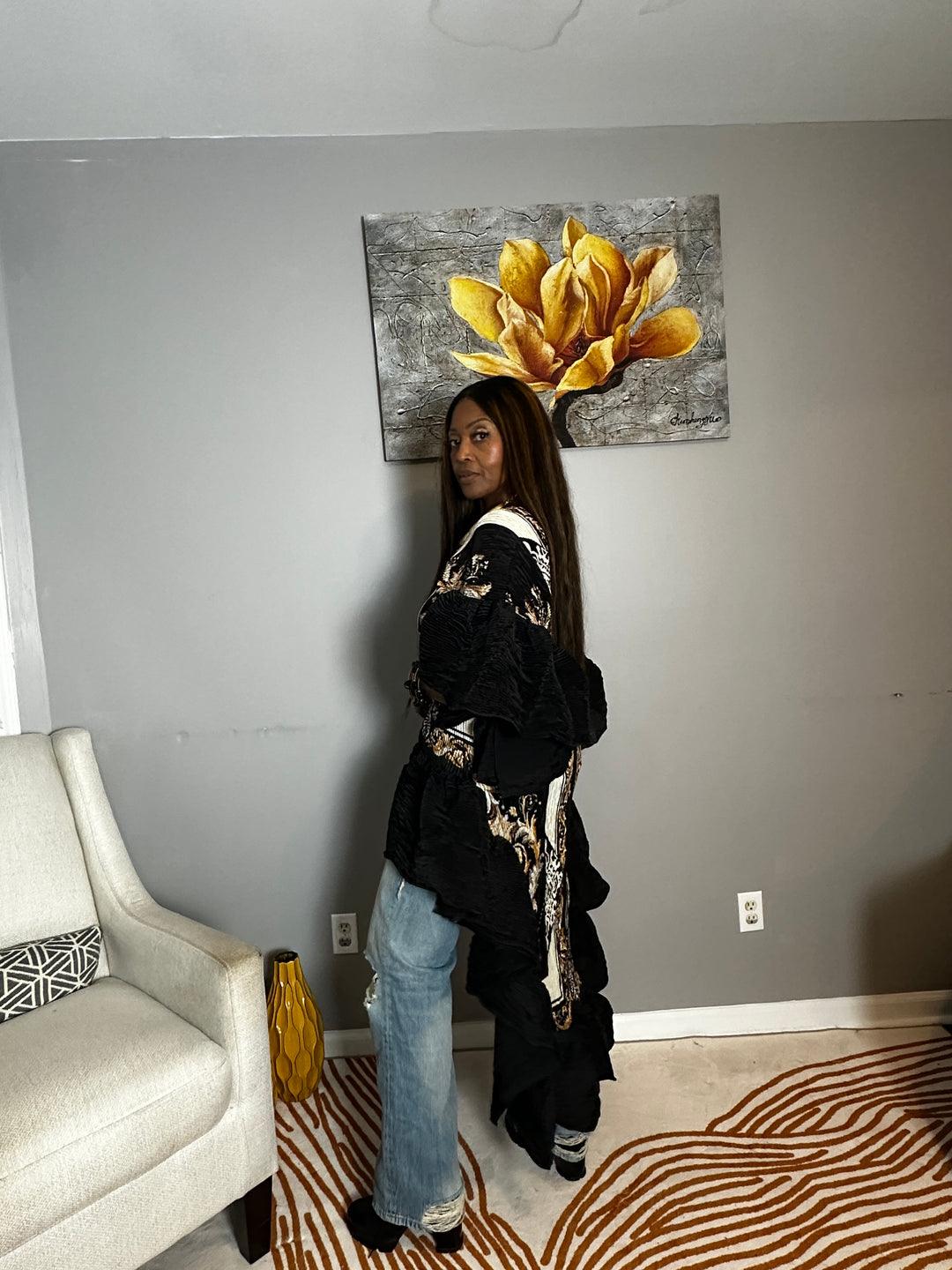 All the Drama Pleated Ruffled High Low Top/Dress - Black Cream Brown Blend