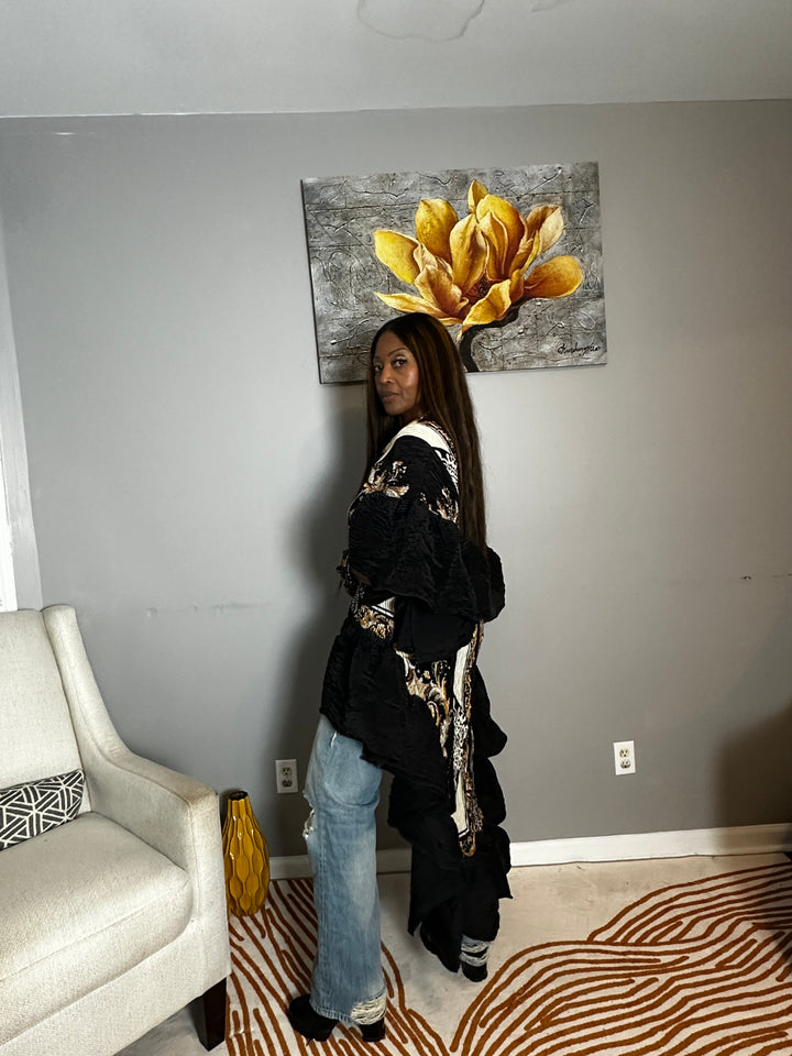 All the Drama Pleated Ruffled High Low Top/Dress - Black Cream Brown Blend