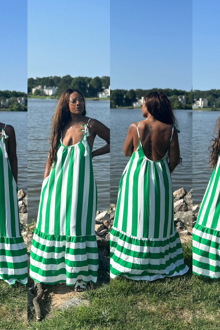Beauty In Stripes  Maxi Dress with Pockets - Kelly Green and white blend