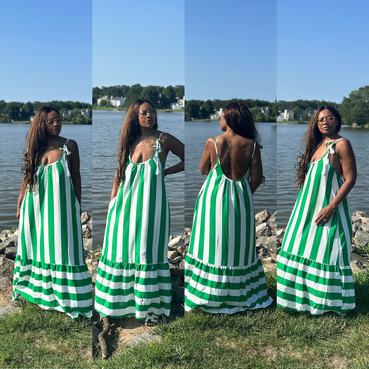 Beauty In Stripes  Maxi Dress with Pockets - Kelly Green and white blend